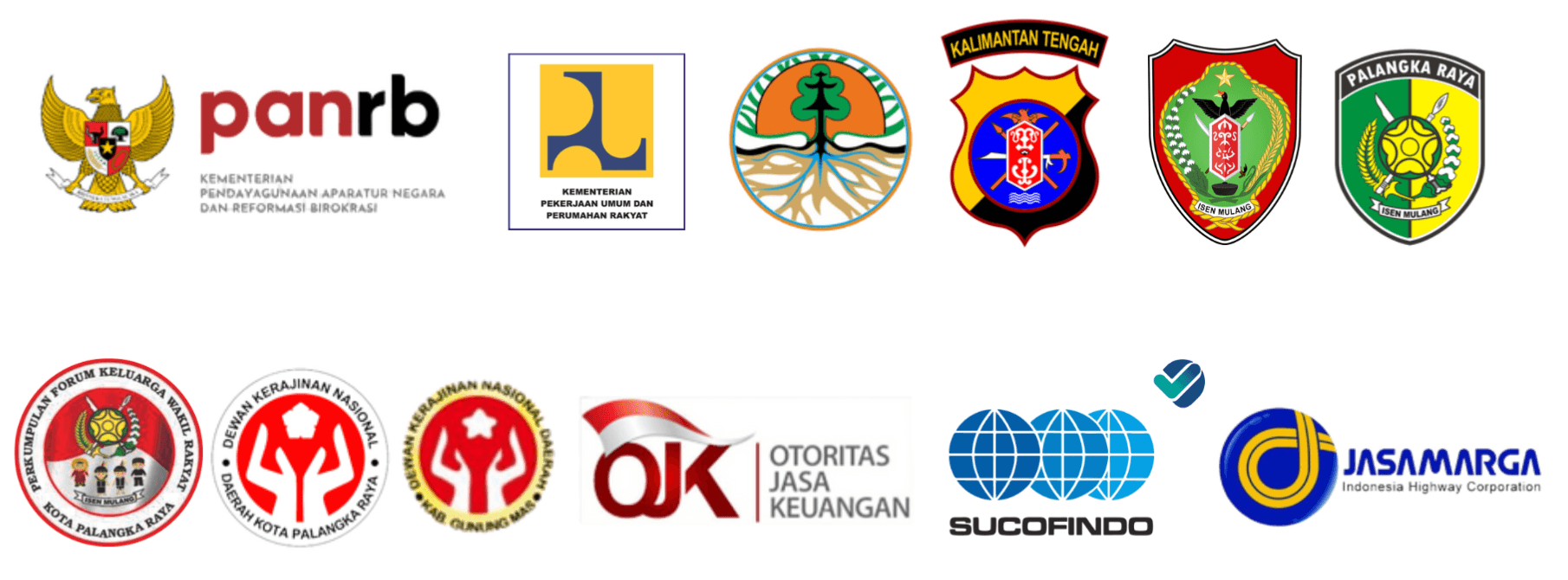 Logo klien Alton: PANRB, Kementerian PUPR, KLHK, Pemerintah Provinsi Kalimantan Tengah, Polda Kalimantan Tengah, Pemerintah Kota Palangka Raya, OJK, Sucofindo, dan Jasa Marga